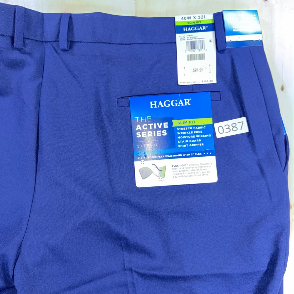 Haggar Active Series Mens Suit Pants 40x32 Slim Fit Blue Herringbone NWT